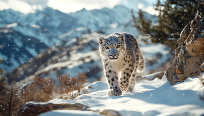 Wall Mural - Snow leopard, white leopard in snow mountains, white snow leopard walking