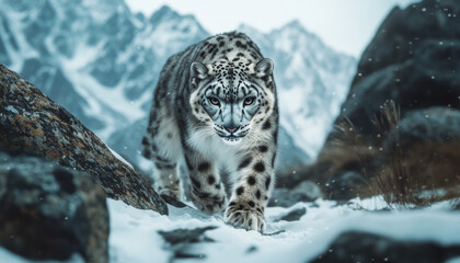 Wall Mural - Snow leopard, white leopard in snow mountains, white snow leopard walking