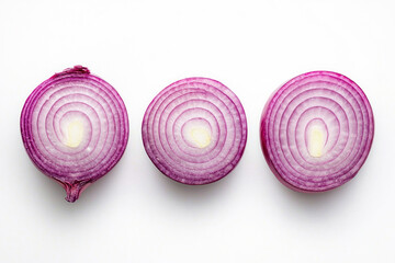 Wall Mural - Fresh whole and sliced red onion isolated on white background, top view.