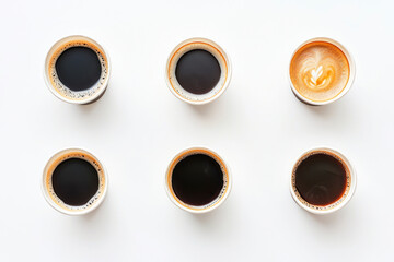 Set of paper take away cups of different black coffee on white background, top view.