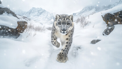 Wall Mural - Snow leopard, white leopard in snow mountains, white snow leopard walking