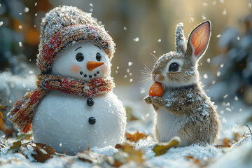 Poster - A snowman missing his nose, looking around as a rabbit eats a carrot nearby. Concept of winter humor and unexpected events.