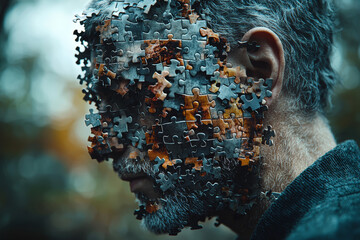 Poster - a person with a brain made of puzzle pieces, some missing and scattered around them, representing me