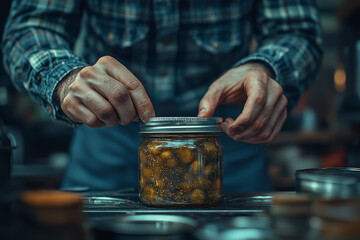 Canvas Print - A person trying to open a stubborn jar, clearly frustrated by the struggle. Concept of everyday problems and minor failures.