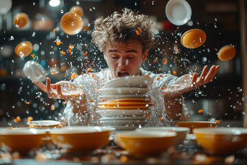 Poster - a person trying to catch a falling stack of dishes, but failing and making a mess. concept of clumsi
