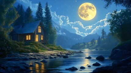 Wall Mural - Moonlit river and house captured in painting scene image