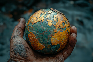 Poster - a globe being squeezed by a giant hand, with continents cracking under the pressure. concept of glob