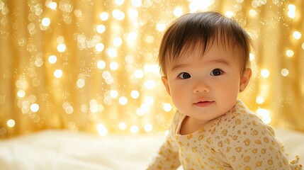 Wall Mural - A baby girl in a white onesie looks at the camera.