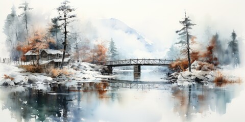 Poster - Winter cabin by a frozen lake