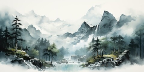 Poster - Misty mountain river scene.