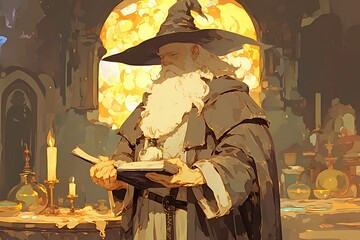 Old wizard with long beard holding open book in magical setting