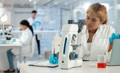 Poster - Scientist, woman and microscope with writing in lab for medical research, sample test and virus study. Science, person and checklist for medicine treatment or vaccine experiment at pharma company