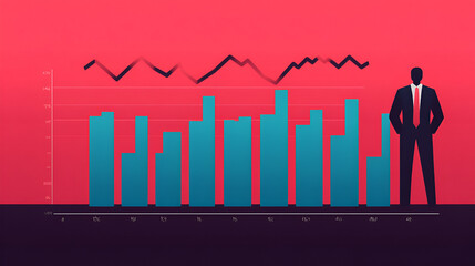 Canvas Print - Businessman Confidently Standing Next to Growing Bar Chart and Fluctuating Line Graph - Financial Success Concept