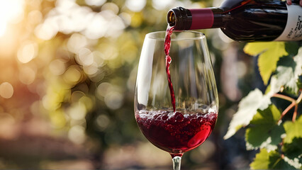 Pouring red wine from a bottle into a glass on blurred background. Winery concept