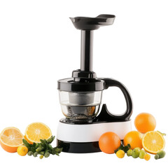 A sleek black and white juicer with fresh oranges and limes, perfect for health enthusiasts and kitchen setups.