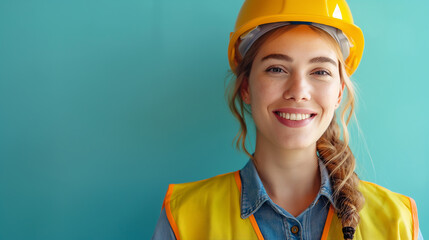 Portrait of smiling female engineer with yellow safety helmet and vest on plain blue background. Generative AI