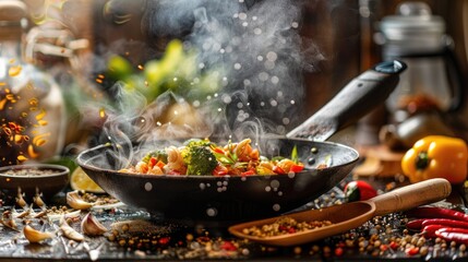 Steaming wok of stir-fried vegetables. Perfect for culinary, food, or cooking blog content.