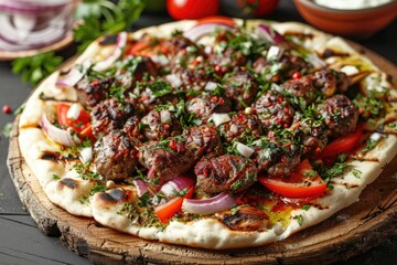 Grilled kebab meat with onions & tomatoes. A delicious Middle Eastern dish, perfect for a tasty lunch or dinner.