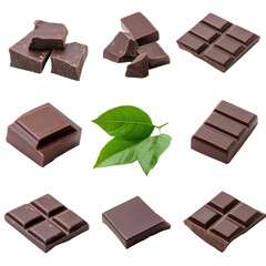 Delicious chocolate pieces arranged with fresh green leaves, perfect for food photography and dessert presentations.