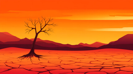 Dry Cracked Earth With Dead Tree Silhouette Against an Orange Sunset Landscape