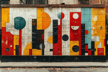 Wall Mural - A street mural where various street signs are painted to represent different types of data and statistics. Concept of urban art and data visualization.