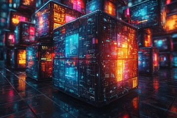 Poster - a set of stacked cubes with each face of the cube displaying different types of data or infographics