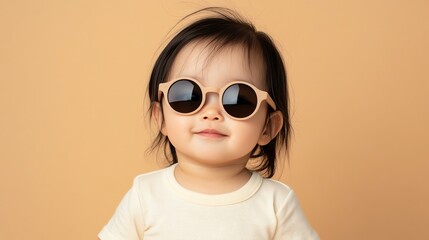 Canvas Print - A baby girl in a white shirt and sunglasses looks at the camera.