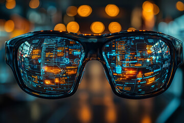 Poster - A pair of glasses with lenses that project different pieces of information when worn, creating a personalized data experience. Concept of augmented reality and information.
