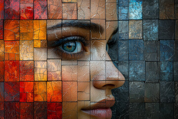 Aufkleber - A mosaic of various human faces with each face reflecting a different emotion, showcasing the diverse spectrum of human cognition. Concept of emotional intelligence and complexity.