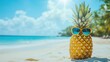 © Ti Studio - A whole pineapple with sunglasses on, sitting on the sand at a tropical beach with a bright, sunny backdrop.