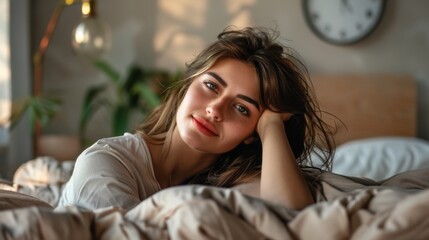 beautiful woman smiling at the camera lying in her bed