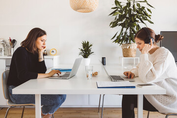 Wall Mural - Two female students sitting by the table at home, studying