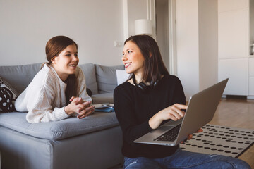 Wall Mural - Two college students having online lessons on laptop