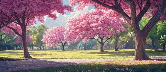 Poster - Painting of vibrant Tabebuia rosea trees in full bloom during spring Pink blossoms showcased in a picturesque park setting