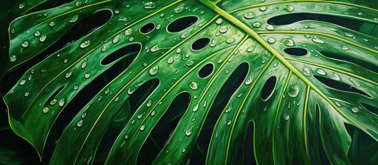 Canvas Print - Artwork depicting the texture of a large evergreen tropical leaf featuring a hole pattern with raindrops in the background