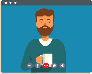 Poster - Man is attending a video conference call from home, holding a coffee mug