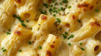 a close-up, top-down view of four cheese rigatoni, filling the entire frame with the focus on the pasta's intricate details