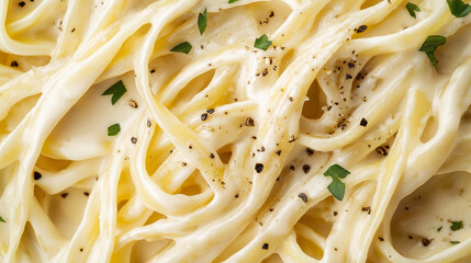 Wall Mural - a close-up, top-down view of fettuccine alfredo, filling the entire frame with the focus on the pasta's intricate details