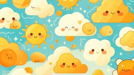 Wall Mural - Adorable cloud featuring a sun pattern in a kawaii style illustration