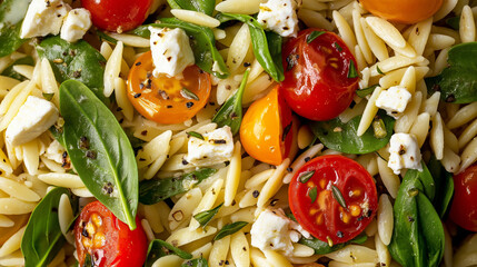 Wall Mural - a close-up, top-down view of lemon thyme orzo salad, filling the entire frame with the focus on the pasta's intricate details