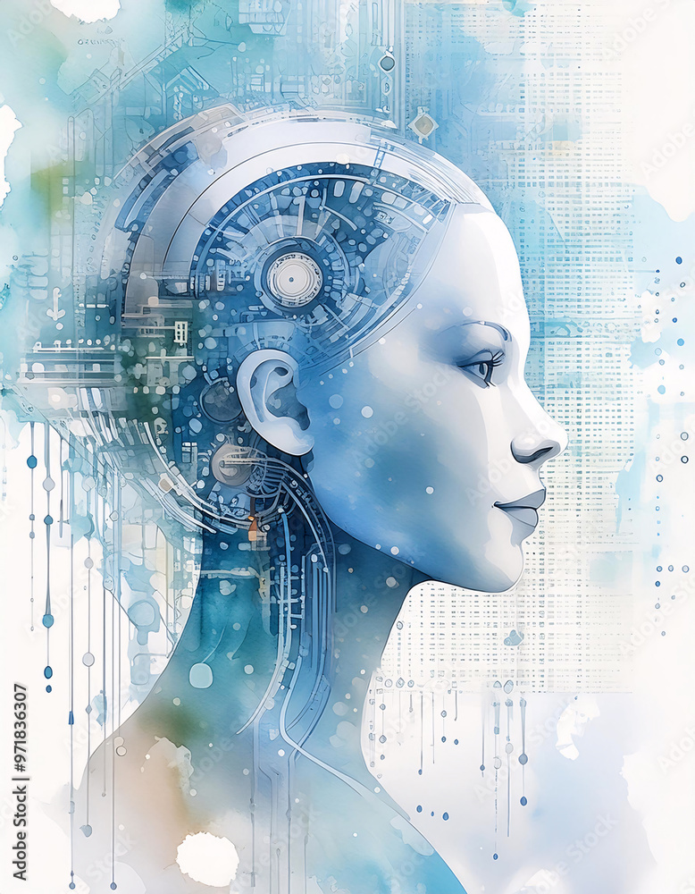 Profile of a futuristic human figure merging with digital circuitry ...