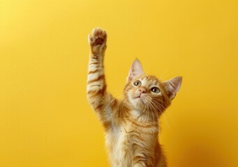 Cute orange cat with raised paw on a bright yellow background, showcasing playful and curious expressions The cat s vibrant fur contrasts beautifully with the cheerful color