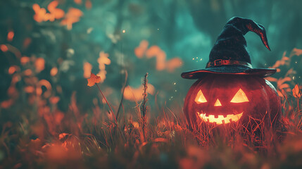 Halloween pumpkin with witch hat in an autumn forest, glowing face. Halloween background