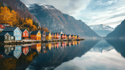 a picturesque lakeside village with colorful houses lining the shore, reflected in the calm, clear w