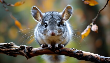 Charming Chinchilla Perched on a Branch with Curious Eyes and Fluffy Fur