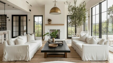 Poster - Modern Living Room with White Sofas and Large Windows