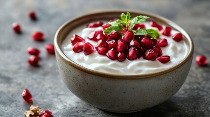 A bowl of Greek yogurt topped with pomegranate seeds and honey, creating a healthy and delicious snack.