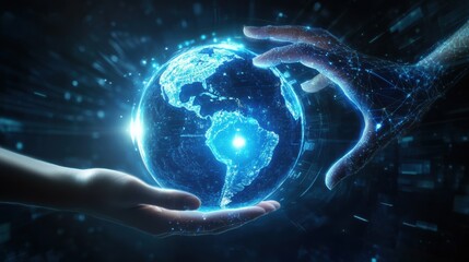 Wall Mural - AI hand grasping a glowing globe of Earth while human hands interact with virtual screens symbolizing a futuristic collaboration in a digital world