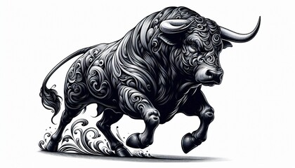 Wall Mural - Ornamental Bull Illustration  Black And White  Animal  Bull  Taurus  Illustration  Graphic  Design  Decor  Art