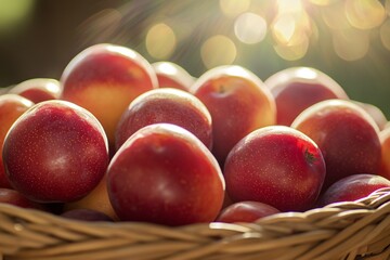 Wall Mural - Red Plums in Wicker Basket Close Up